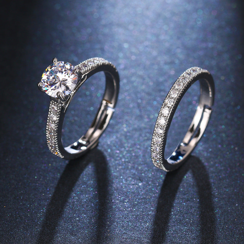 Adjustable Combination Zircon Set Ring Silver Plated Couple Jewelry