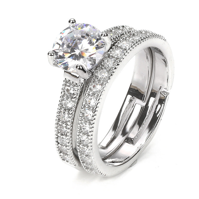 Adjustable Combination Zircon Set Ring Silver Plated Couple Jewelry