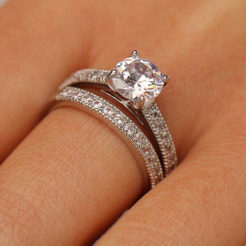 Adjustable Combination Zircon Set Ring Silver Plated Couple Jewelry