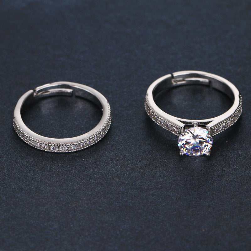 Adjustable Combination Zircon Set Ring Silver Plated Couple Jewelry