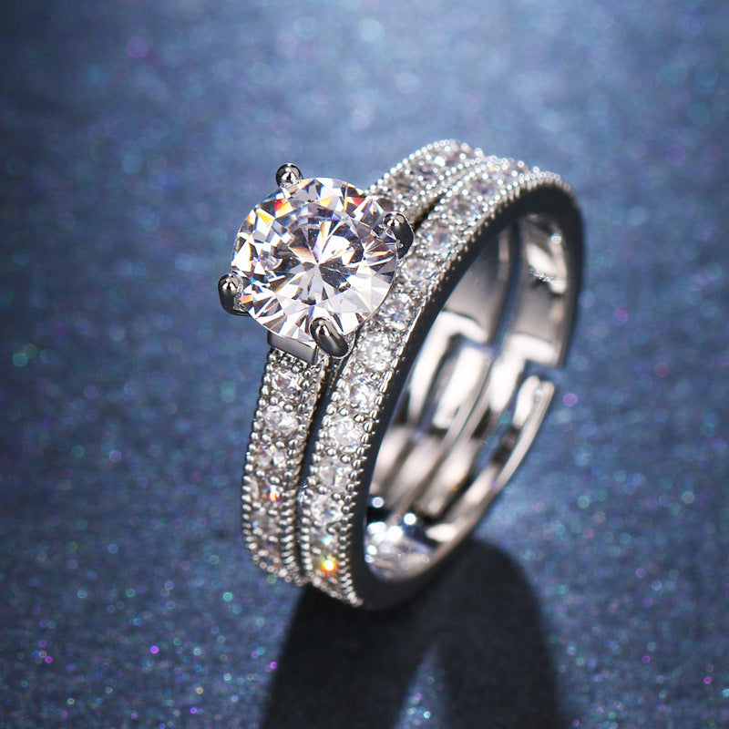 Adjustable Combination Zircon Set Ring Silver Plated Couple Jewelry